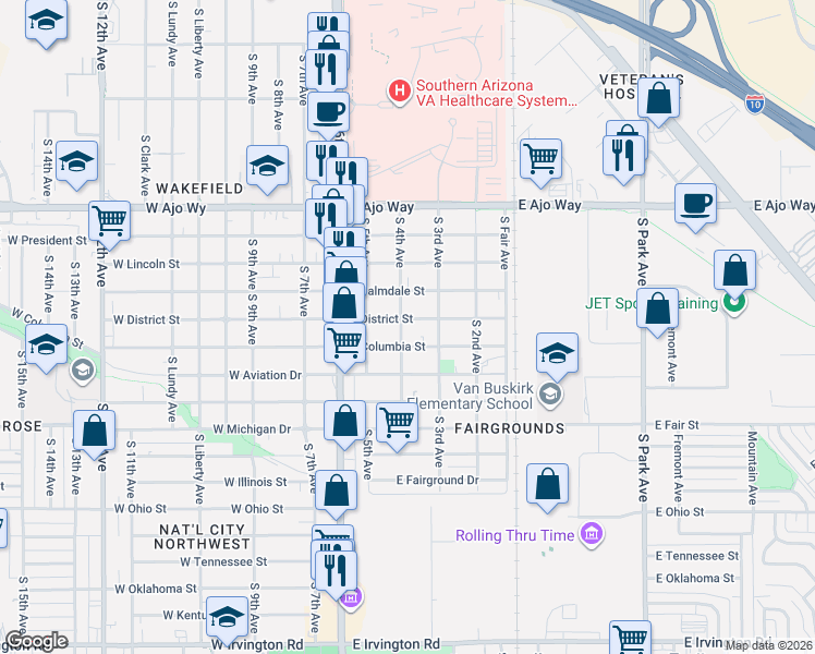 map of restaurants, bars, coffee shops, grocery stores, and more near 4231 South 4th Avenue in Tucson