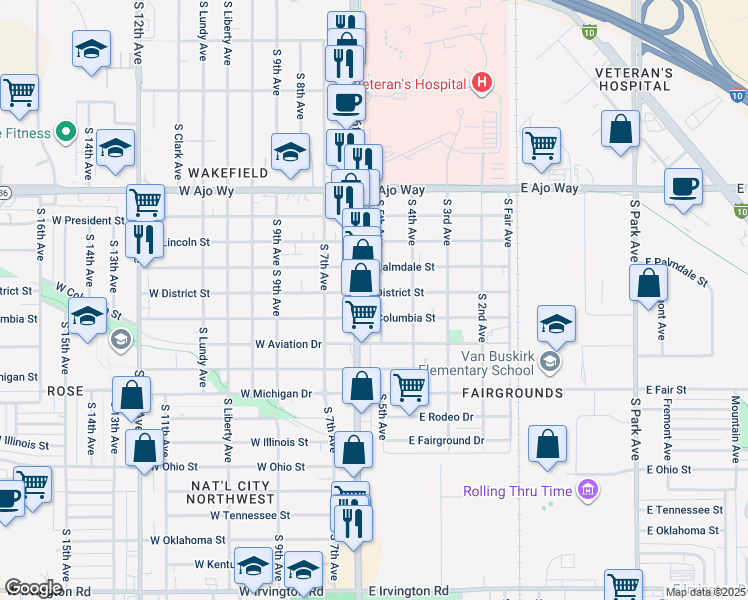 map of restaurants, bars, coffee shops, grocery stores, and more near 101 East Columbia Street in Tucson