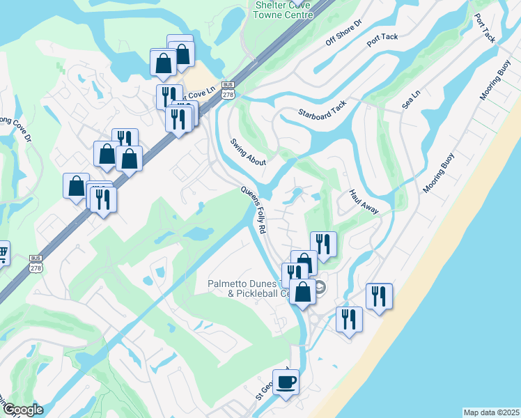 map of restaurants, bars, coffee shops, grocery stores, and more near Queens Folly Road in Hilton Head Island