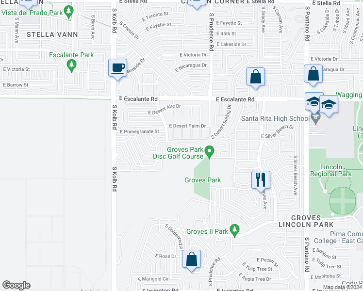 map of restaurants, bars, coffee shops, grocery stores, and more near 7380 East Poinciana Place in Tucson