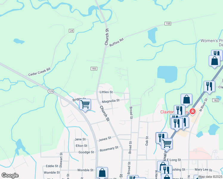 map of restaurants, bars, coffee shops, grocery stores, and more near 330 Littles Street in Claxton