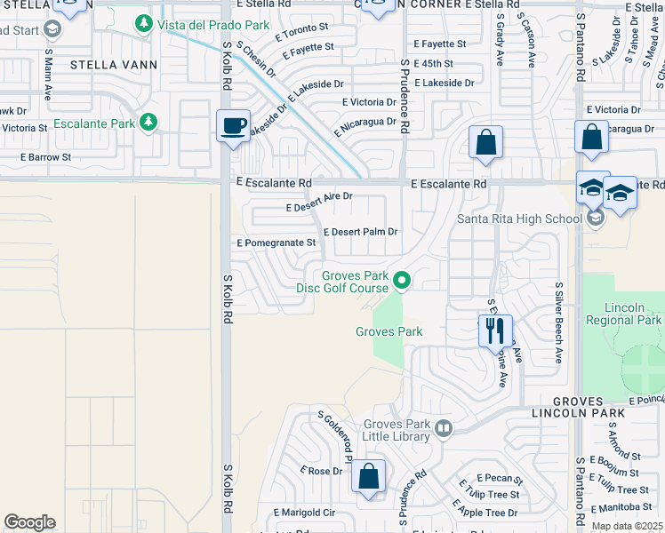 map of restaurants, bars, coffee shops, grocery stores, and more near 7266 East Freestone Drive in Tucson