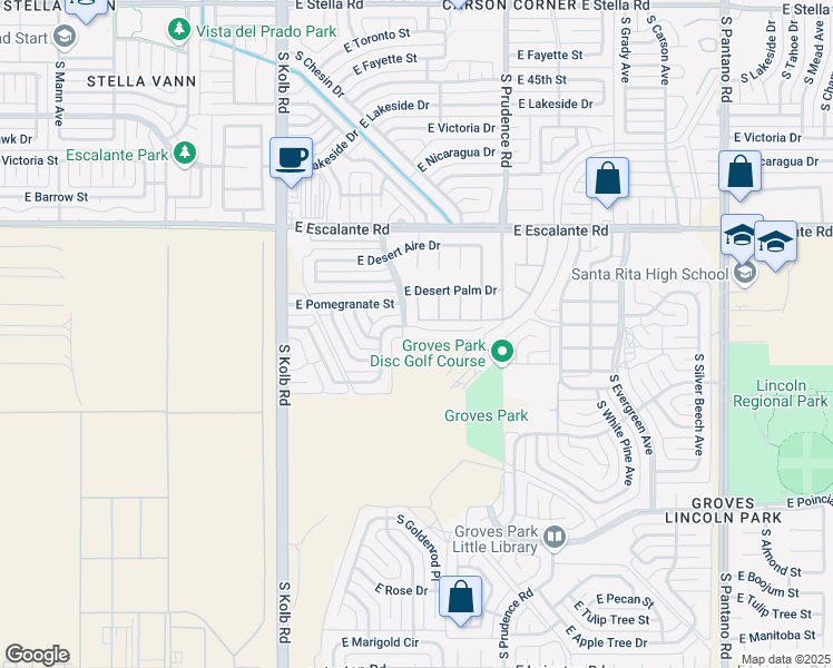 map of restaurants, bars, coffee shops, grocery stores, and more near 7380 East Poinciana Place in Tucson