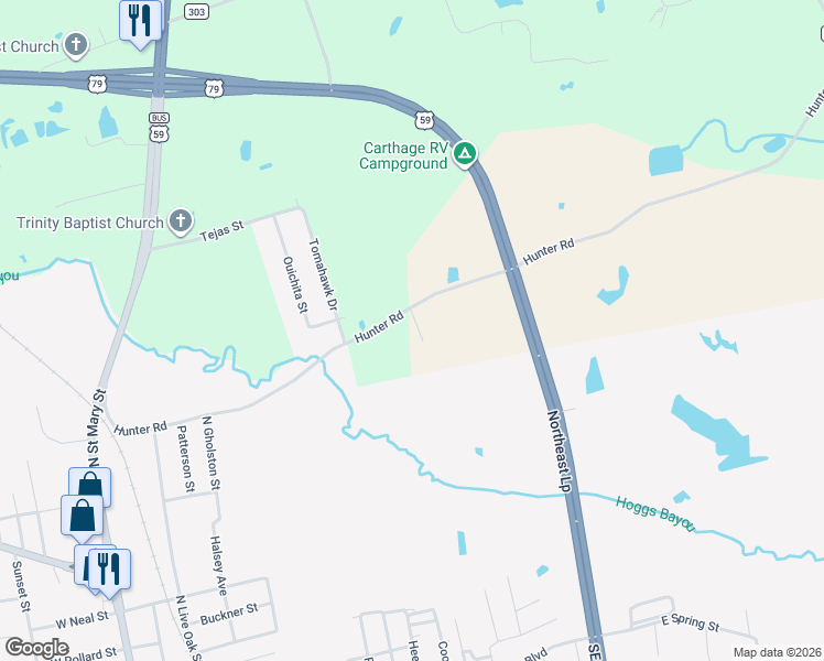 map of restaurants, bars, coffee shops, grocery stores, and more near 2 Evangeline Lane in Carthage