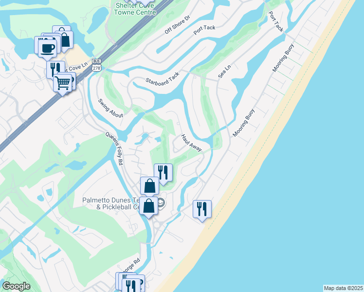 map of restaurants, bars, coffee shops, grocery stores, and more near 21 Haul Away in Hilton Head Island