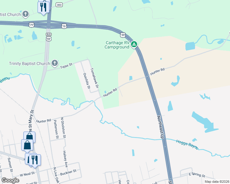 map of restaurants, bars, coffee shops, grocery stores, and more near 2-10 Evangeline Lane in Carthage