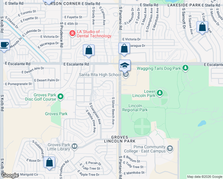 map of restaurants, bars, coffee shops, grocery stores, and more near 4121 South Silver Beech Avenue in Tucson