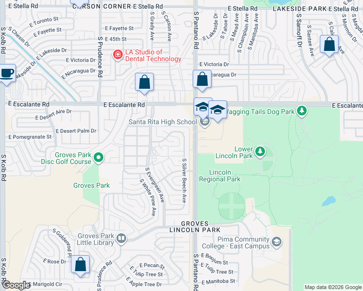 map of restaurants, bars, coffee shops, grocery stores, and more near 4121 South Silver Beech Avenue in Tucson