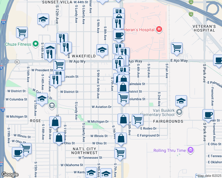map of restaurants, bars, coffee shops, grocery stores, and more near 115 West Palmdale Street in Tucson