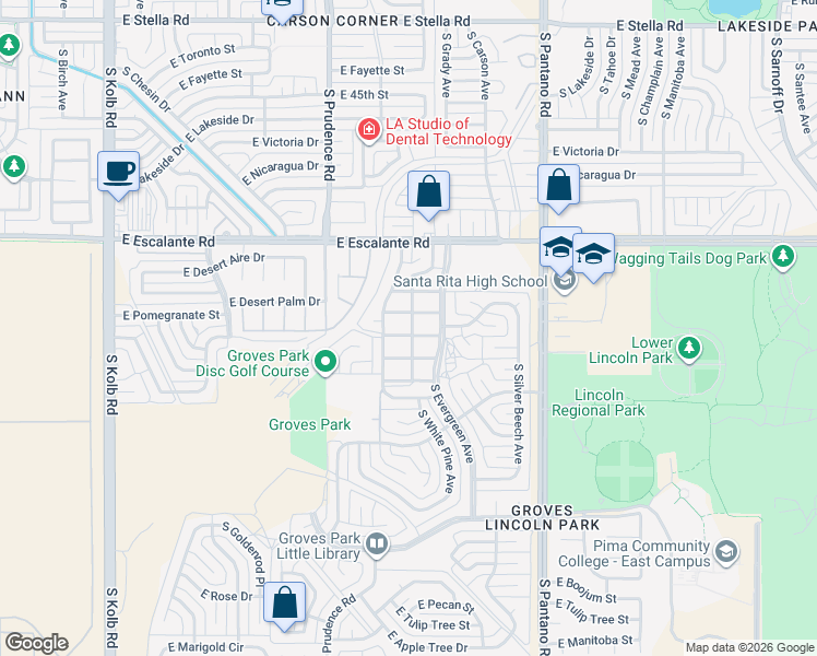 map of restaurants, bars, coffee shops, grocery stores, and more near 3944 South Evergreen Avenue in Tucson