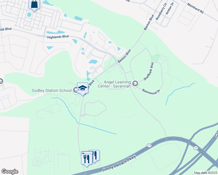 map of restaurants, bars, coffee shops, grocery stores, and more near 2170 Benton Boulevard in Savannah