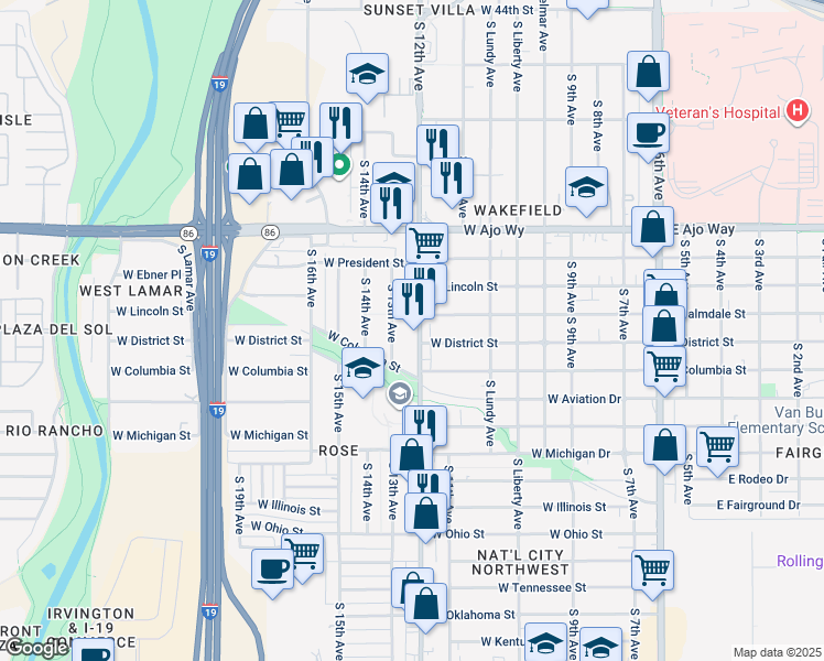 map of restaurants, bars, coffee shops, grocery stores, and more near 4101 South 12th Avenue in Tucson