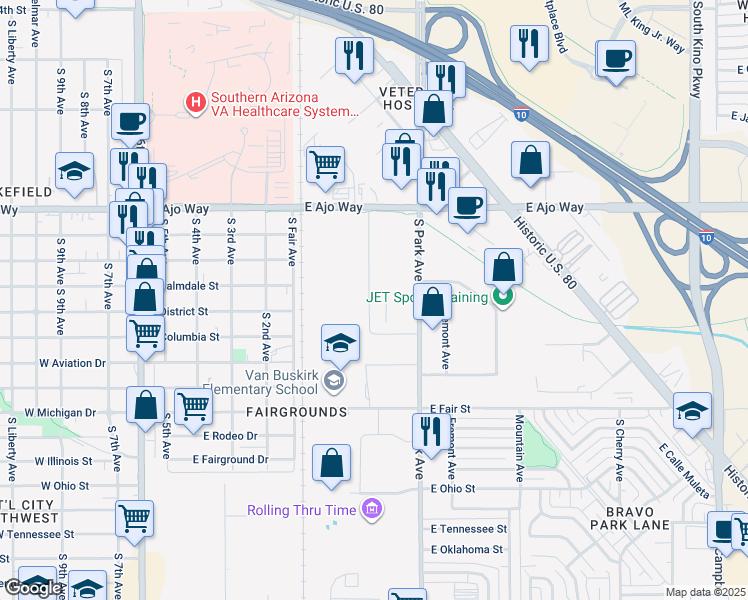 map of restaurants, bars, coffee shops, grocery stores, and more near 4004 South Park Avenue in Tucson