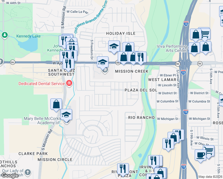 map of restaurants, bars, coffee shops, grocery stores, and more near Via Ravenna in Tucson