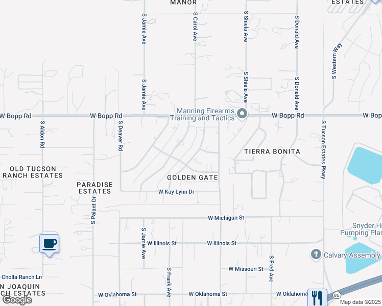 map of restaurants, bars, coffee shops, grocery stores, and more near 3851 South Jamie Drive in Tucson
