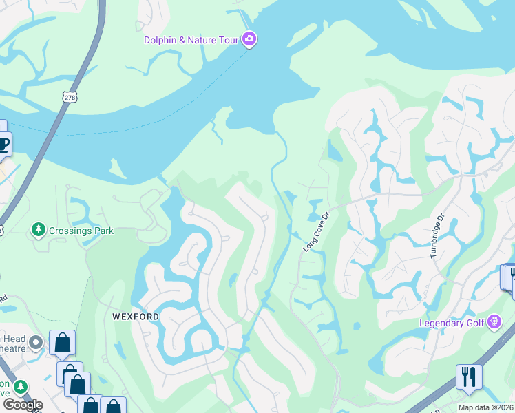 map of restaurants, bars, coffee shops, grocery stores, and more near 56 Yorkshire Drive in Hilton Head Island