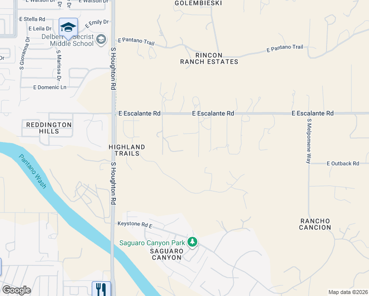 map of restaurants, bars, coffee shops, grocery stores, and more near 10610 East Escalante Road in Tucson