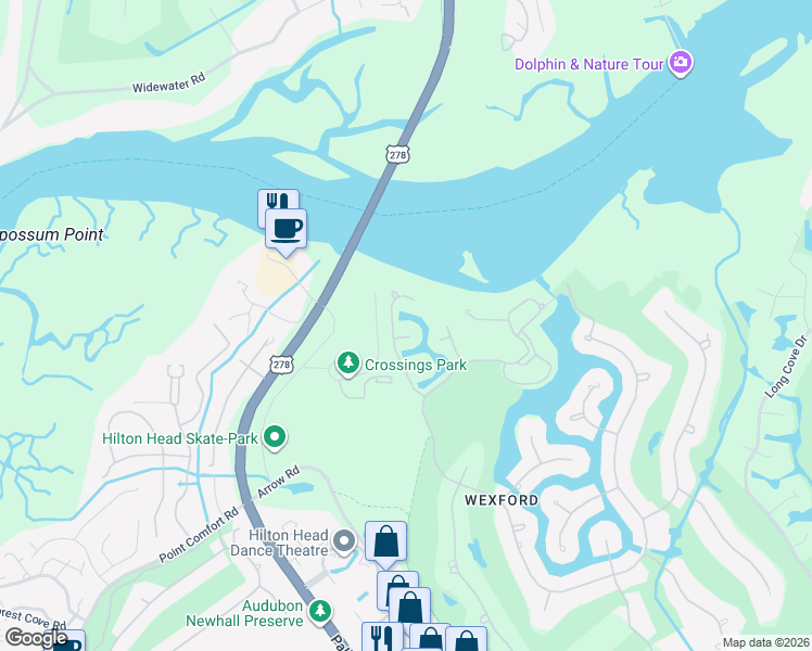 map of restaurants, bars, coffee shops, grocery stores, and more near 2 Fairfax Lane in Hilton Head Island