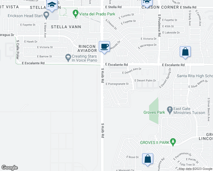 map of restaurants, bars, coffee shops, grocery stores, and more near 7110 East Pomegranate Street in Tucson