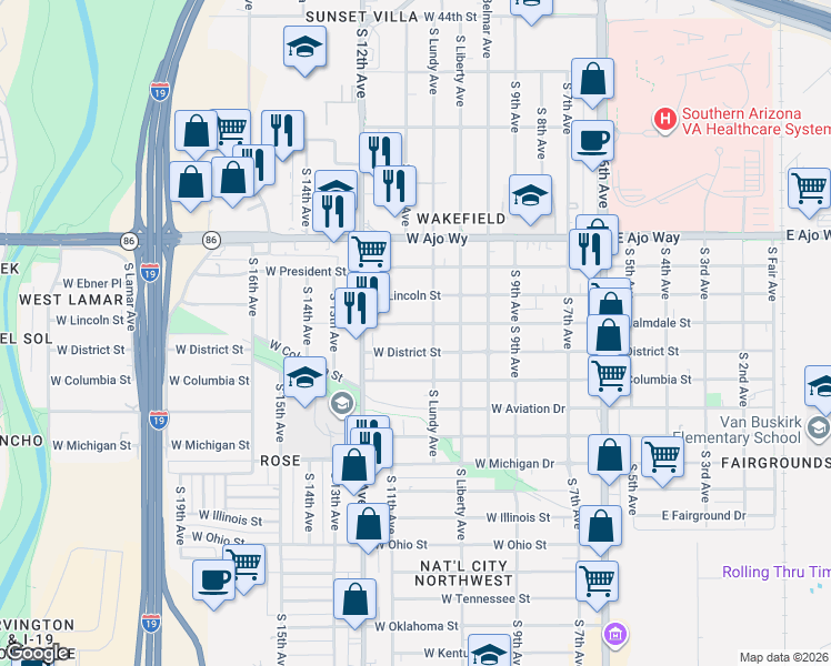 map of restaurants, bars, coffee shops, grocery stores, and more near 432 West Palmdale Street in Tucson