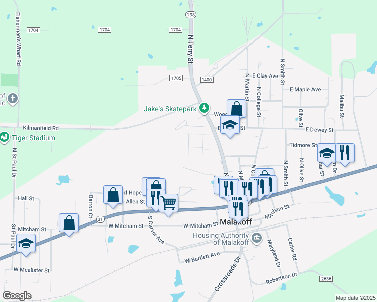 map of restaurants, bars, coffee shops, grocery stores, and more near 407 Sunset Street in Malakoff