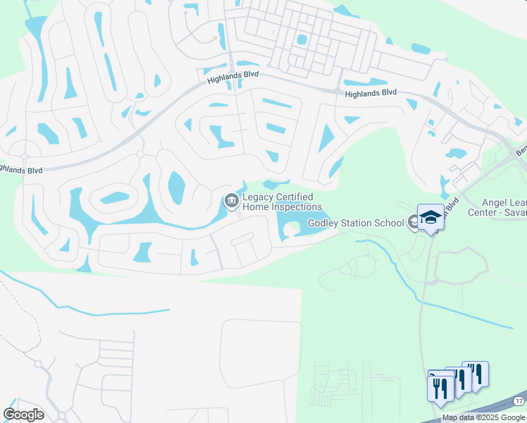 map of restaurants, bars, coffee shops, grocery stores, and more near 128 Lake Pointe Drive in Pooler