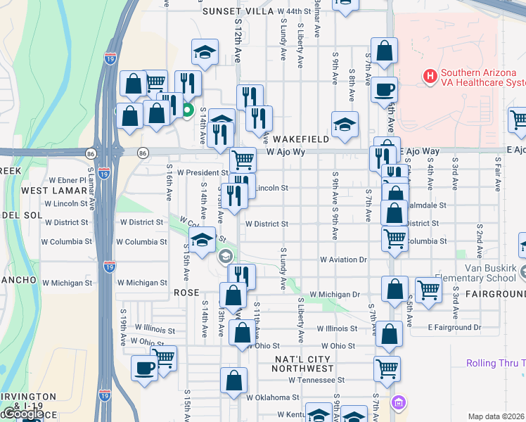 map of restaurants, bars, coffee shops, grocery stores, and more near 432 West Palmdale Street in Tucson