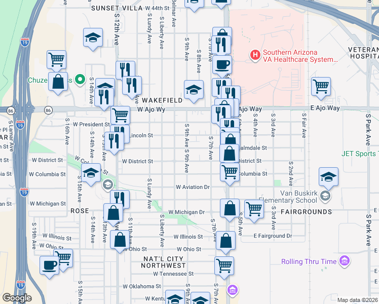 map of restaurants, bars, coffee shops, grocery stores, and more near 161 West Palmdale Street in Tucson