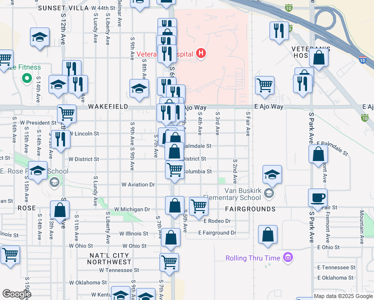 map of restaurants, bars, coffee shops, grocery stores, and more near 108 East Palmdale Street in Tucson