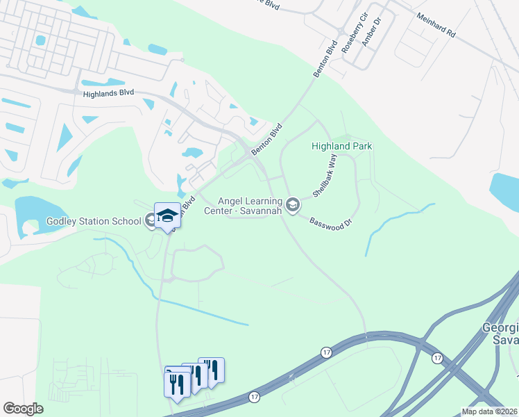 map of restaurants, bars, coffee shops, grocery stores, and more near 87 Highlands Crossing in Pooler