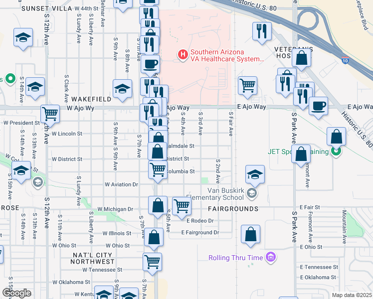 map of restaurants, bars, coffee shops, grocery stores, and more near 204 East Palmdale Street in Tucson