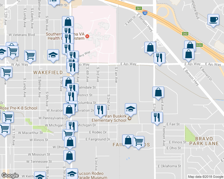 map of restaurants, bars, coffee shops, grocery stores, and more near 418 East Palmdale Street in Tucson