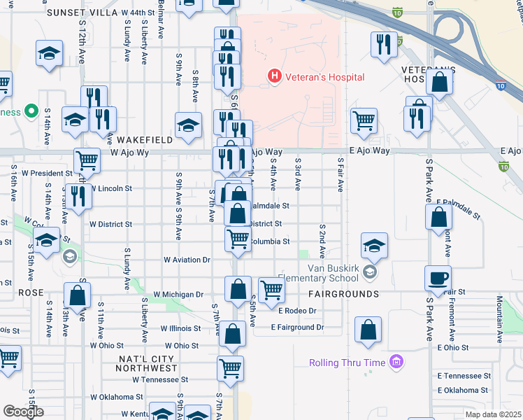 map of restaurants, bars, coffee shops, grocery stores, and more near 108 East Palmdale Street in Tucson
