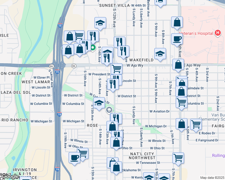 map of restaurants, bars, coffee shops, grocery stores, and more near 4101 South 12th Avenue in Tucson