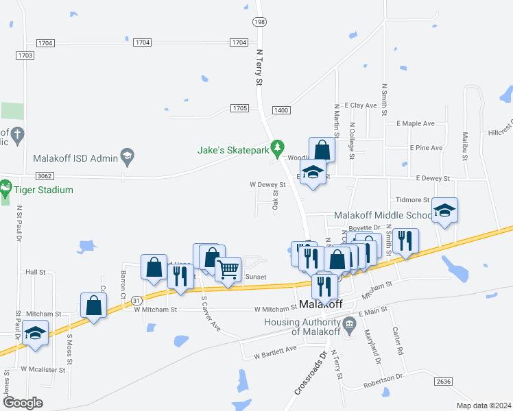 map of restaurants, bars, coffee shops, grocery stores, and more near 407 Sunset Street in Malakoff
