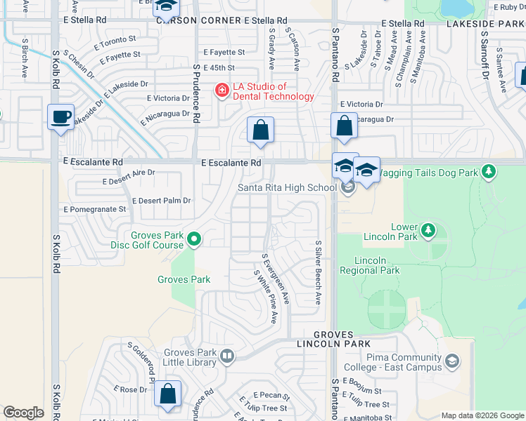 map of restaurants, bars, coffee shops, grocery stores, and more near 3976 South Evergreen Avenue in Tucson