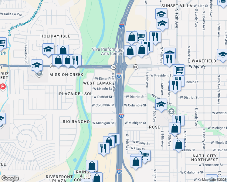 map of restaurants, bars, coffee shops, grocery stores, and more near 1009 West Lincoln Street in Tucson
