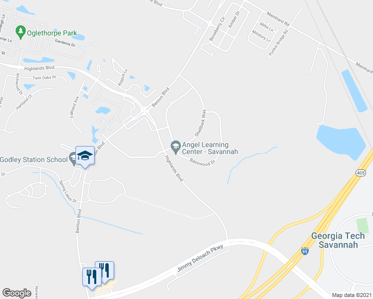 map of restaurants, bars, coffee shops, grocery stores, and more near 173 Basswood Drive in Savannah