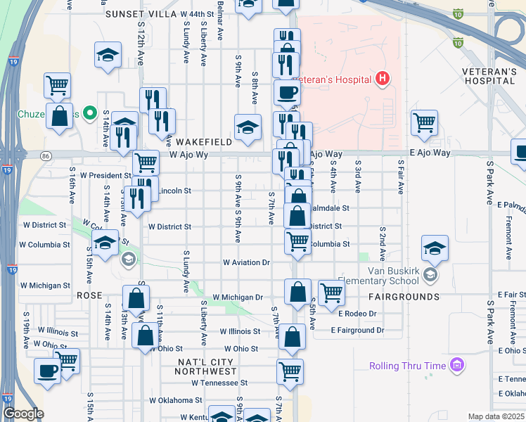 map of restaurants, bars, coffee shops, grocery stores, and more near 115 West Palmdale Street in Tucson