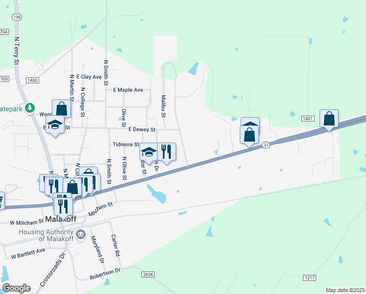 map of restaurants, bars, coffee shops, grocery stores, and more near 114 Hillcrest Street in Malakoff