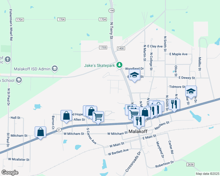 map of restaurants, bars, coffee shops, grocery stores, and more near 407 Sunset Street in Malakoff