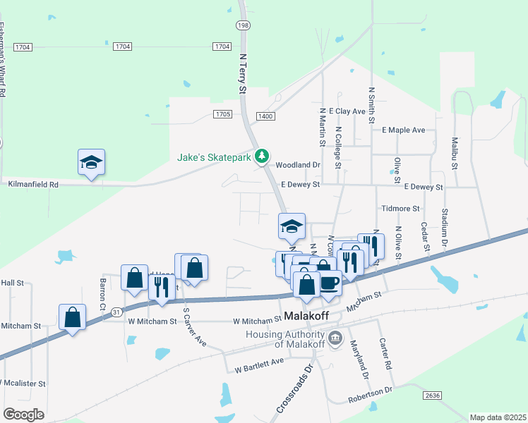 map of restaurants, bars, coffee shops, grocery stores, and more near 408 Oak Street in Malakoff