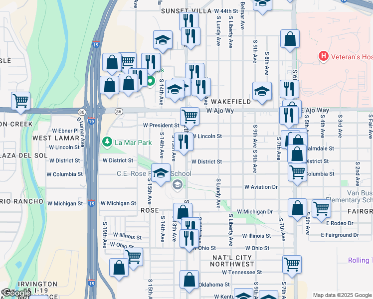 map of restaurants, bars, coffee shops, grocery stores, and more near 4101 South 12th Avenue in Tucson