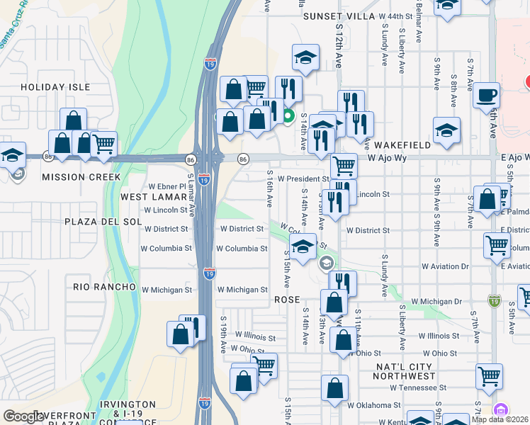 map of restaurants, bars, coffee shops, grocery stores, and more near 4112 South 16th Avenue in Tucson