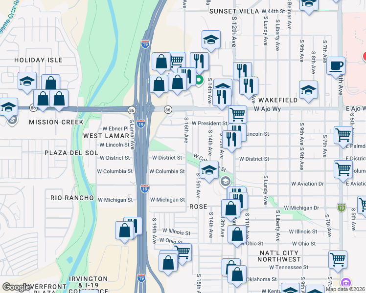 map of restaurants, bars, coffee shops, grocery stores, and more near 4112 South 16th Avenue in Tucson