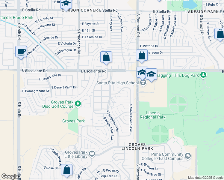 map of restaurants, bars, coffee shops, grocery stores, and more near 3921 South Evergreen Avenue in Tucson