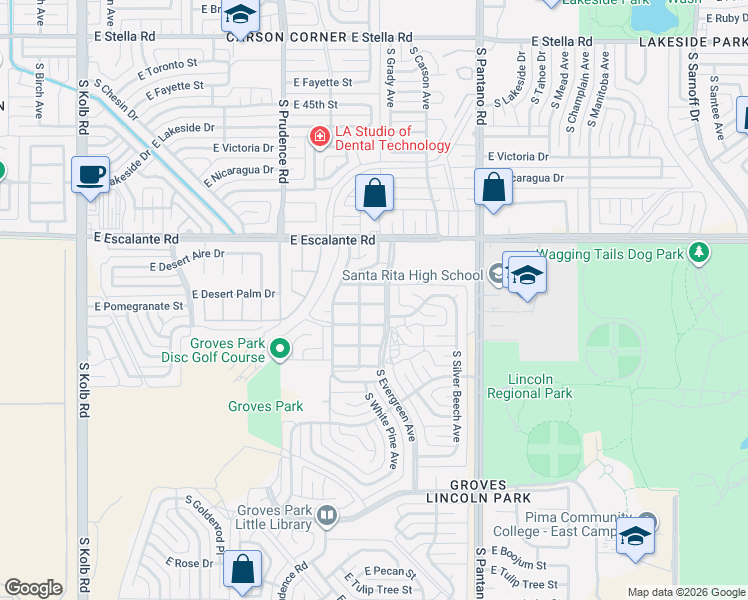 map of restaurants, bars, coffee shops, grocery stores, and more near 3944 South Evergreen Avenue in Tucson