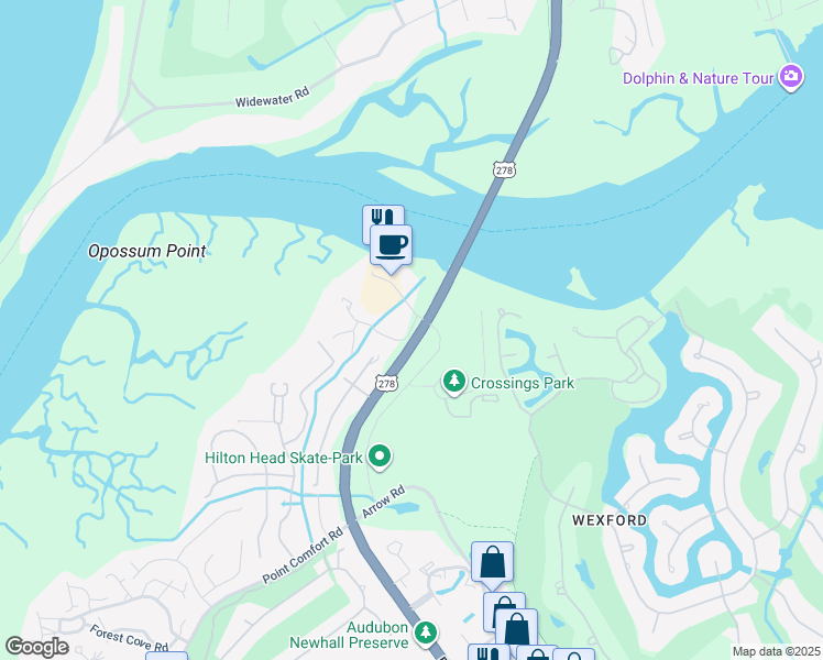 map of restaurants, bars, coffee shops, grocery stores, and more near 68 Helmsman Way in Hilton Head Island
