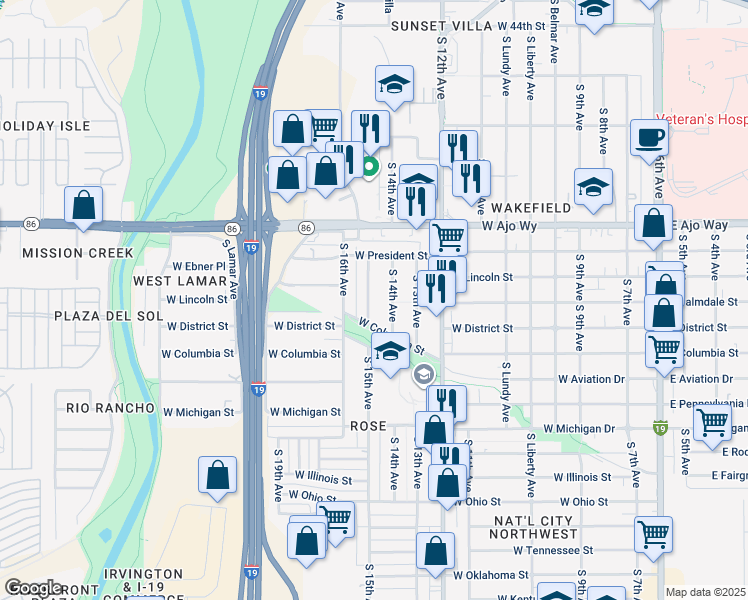 map of restaurants, bars, coffee shops, grocery stores, and more near 4027 South 15th Avenue in Tucson
