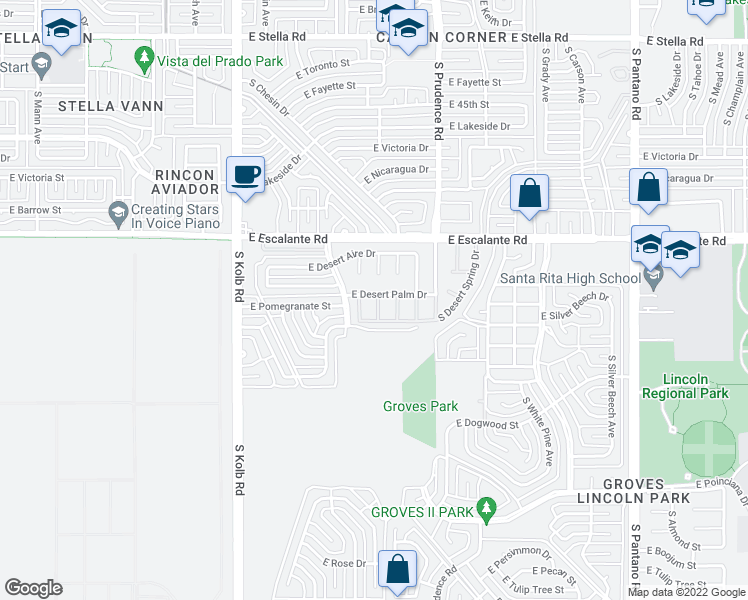 map of restaurants, bars, coffee shops, grocery stores, and more near 4000 South Shady Palm Drive in Tucson